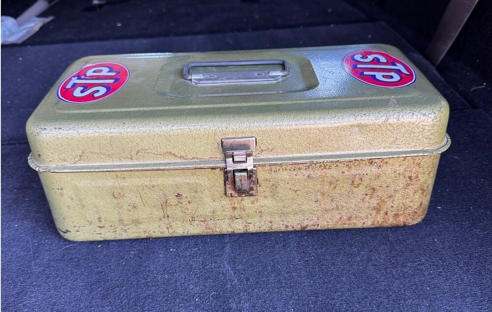 Metal olive Green utility box rustic patina w/tray vintage 60s 70s industrial